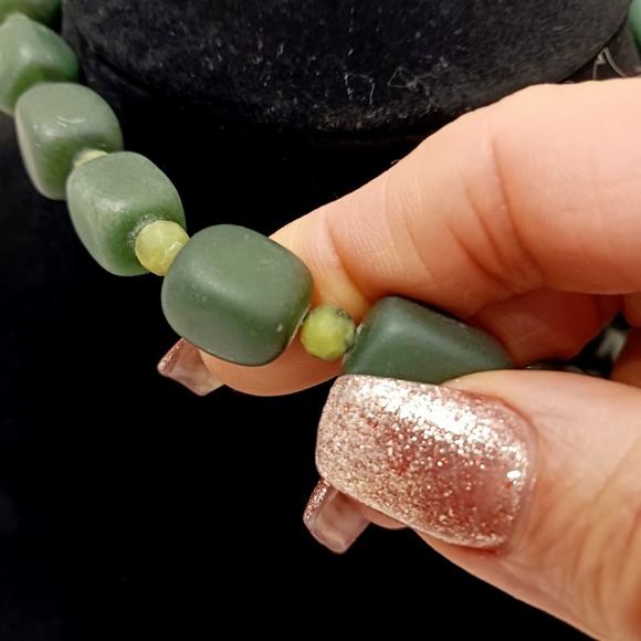 VNT RARE JADE Square Bead Necklace 925 Silver Dark Green + Light Green Beveled - Picture 3 of 14